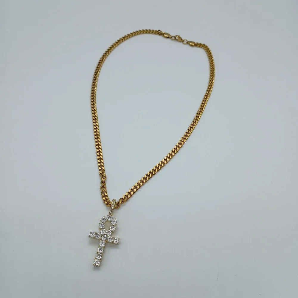 Ice‎ Mob Gold-Tone Cuban Link Chain 20 Inch Iced Out Ankh Cross Pendant Necklace